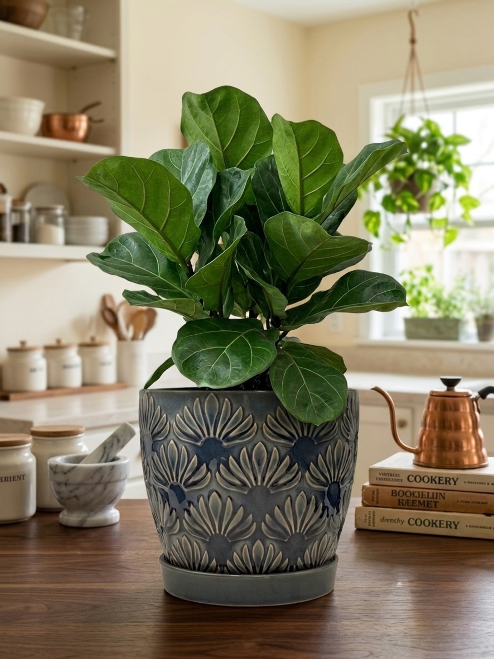 6 inch Ceramic Planter with Saucer Attached, Blue Textured Flower Pot